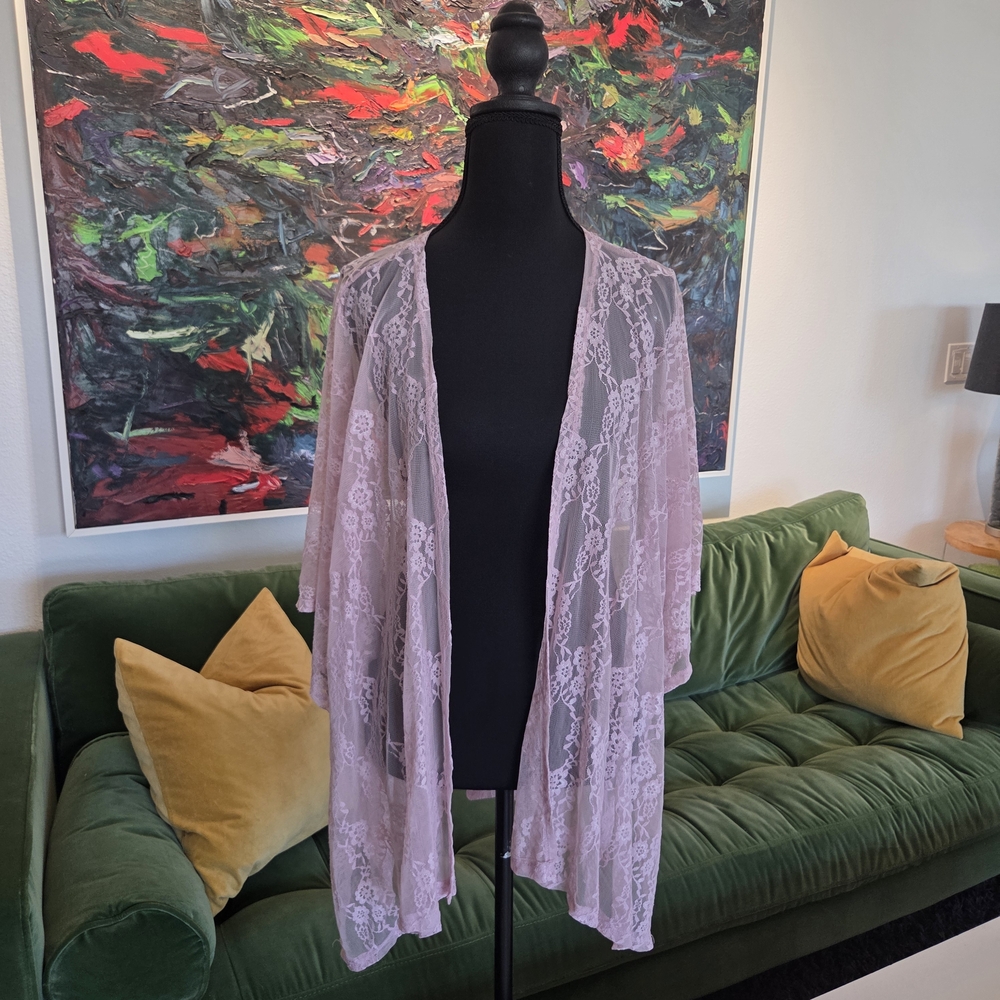 Andree by Unit Boho Pink Lace Cardigan Kimono Top, Bat Wing Sleeve, Size Medium